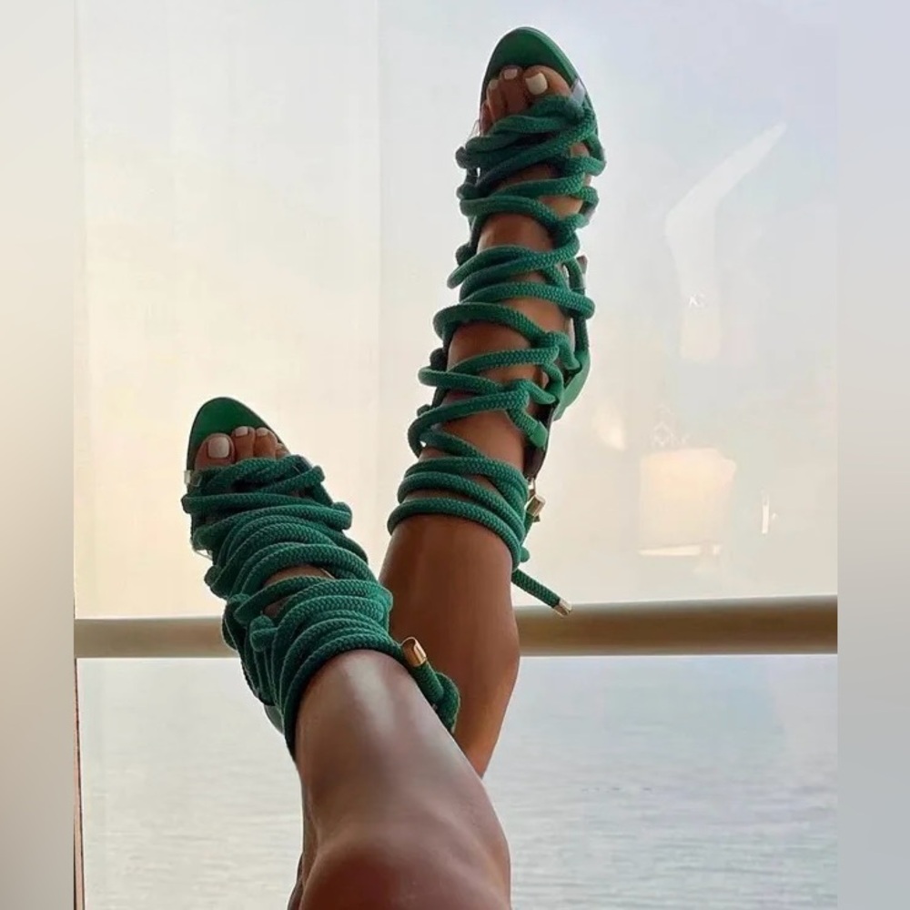 Elegant Strappy Gladiator Green Rope 4.3” Heel Sandals Size 7.5